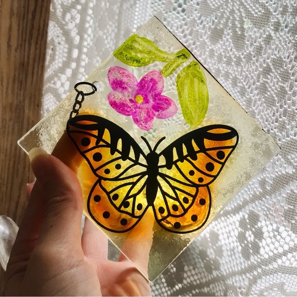 Window Hanging Glass Square Tile Butterfly And Flowers Painted Art Sun Catcher
